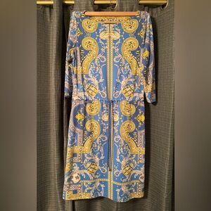 J. McLaughlin Blue and Gold Baroque 3/4 Sleeve Dress